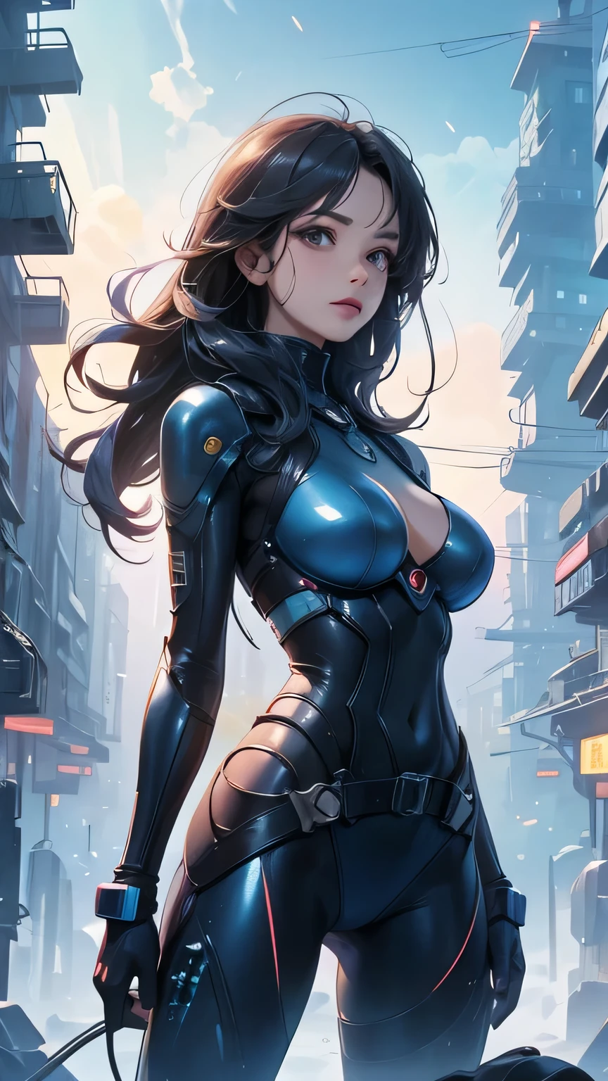 beautiful face, best quality, ultra high resnatural light, shiny skin, detailed skin, detailed face, detailed eyes, beautiful lady, big hair, mole under eye, A scene from a science fiction movie, background(Abandoned futuristic city), a body-hugging navy metal suit, thick belt, Bust Shot
