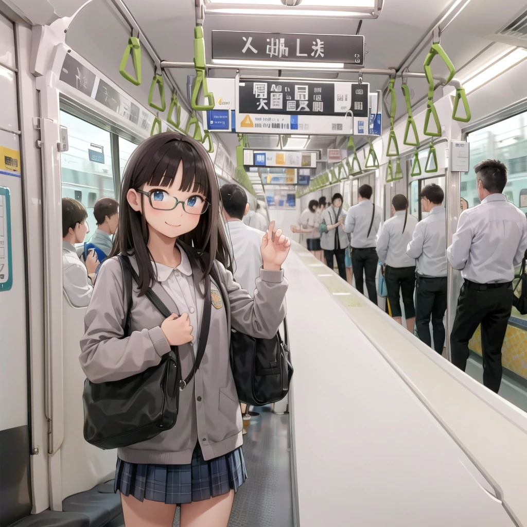 Highest quality, Very detailed, shape,
Multiple Girls, Small breasts , Black Hair, Glasses, school bag, smile, Laughter, View your audience, Crowded train、たくさんのFemale student、1male、A male stands behind a womale、A male is touching a womale's ass、
e235, Inside the train, scenery, Sheet, window, screen, Realistic, photograph background, photograph (Moderate), photographRealistic, close、maleたちに囲まれて1Female student、Show off your penis