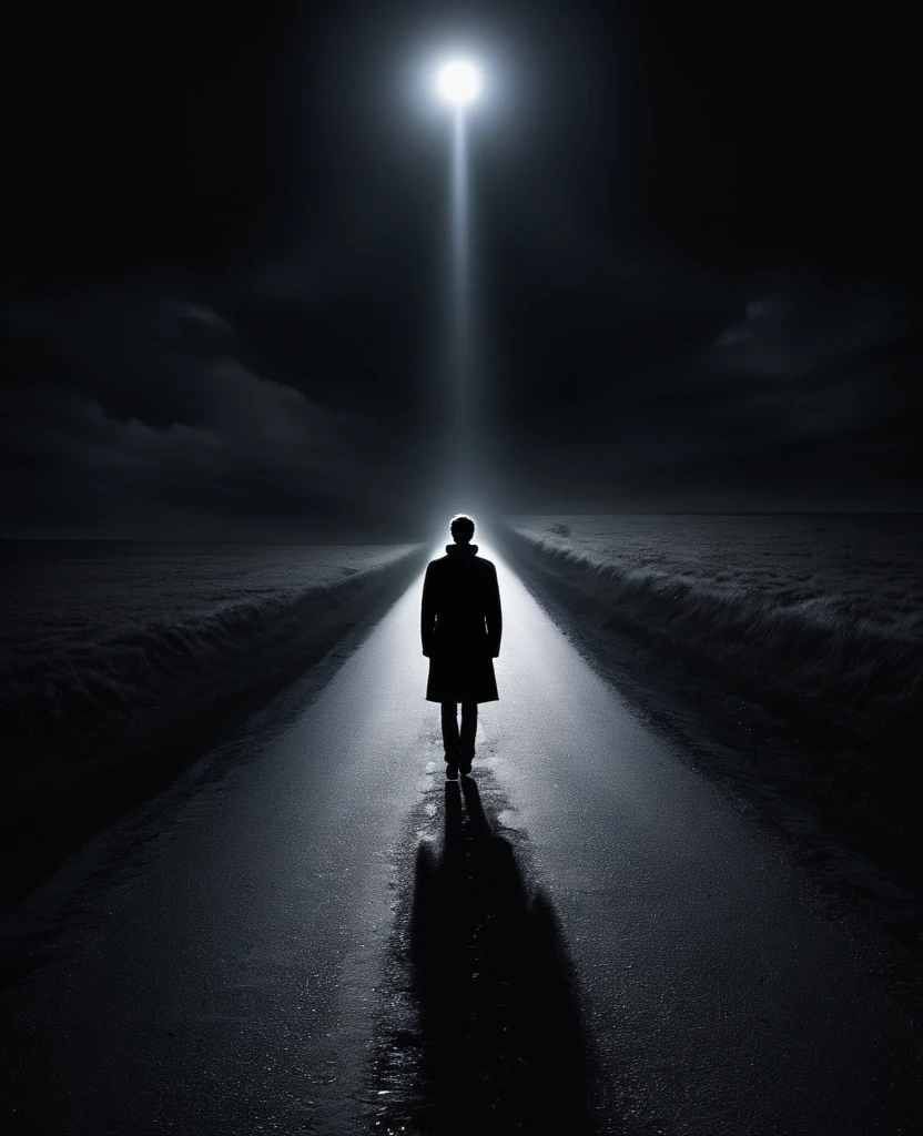 Man in dark place , long road , light in the end of the path , alone , back view , too dark , night