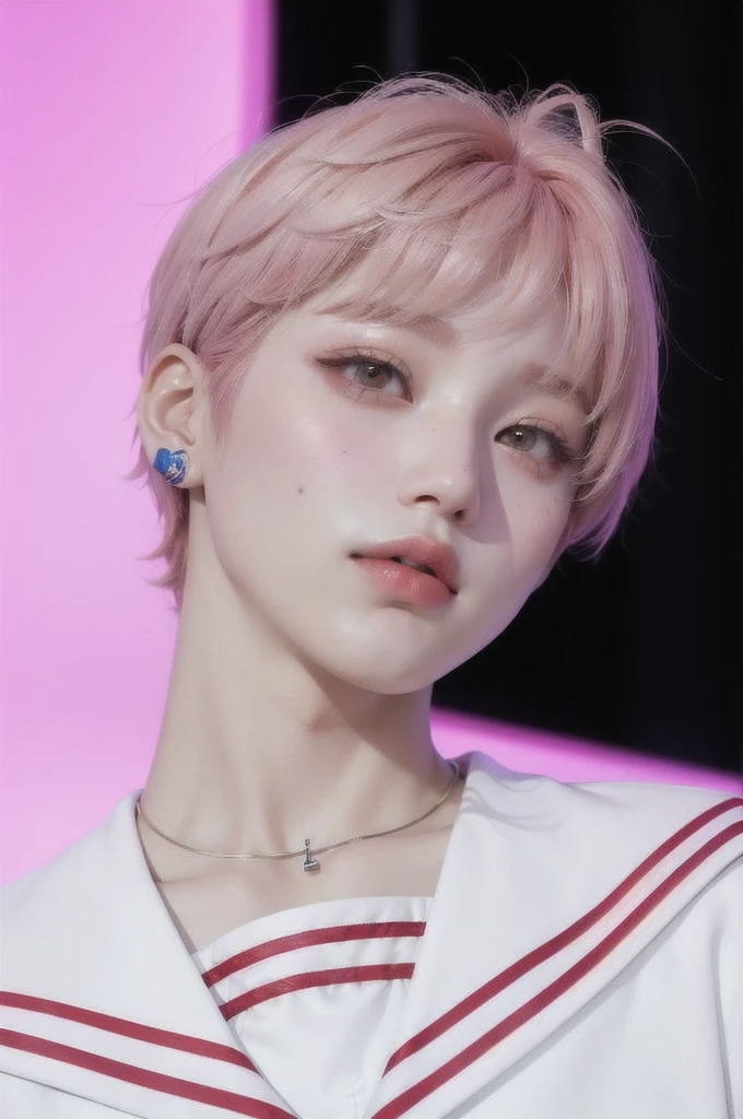 Arafa woman with colored hair sitting at a table, jung jaehyun, adorable and pale korean face, male ulzzang, Kim Doyoung, with short hair, jossi do blackpink, Hong Jun Hyung, taejune kim, ulzzang, the hime cut, jaeyeon nam, XQC, park jimin, tomboy short platinum hair