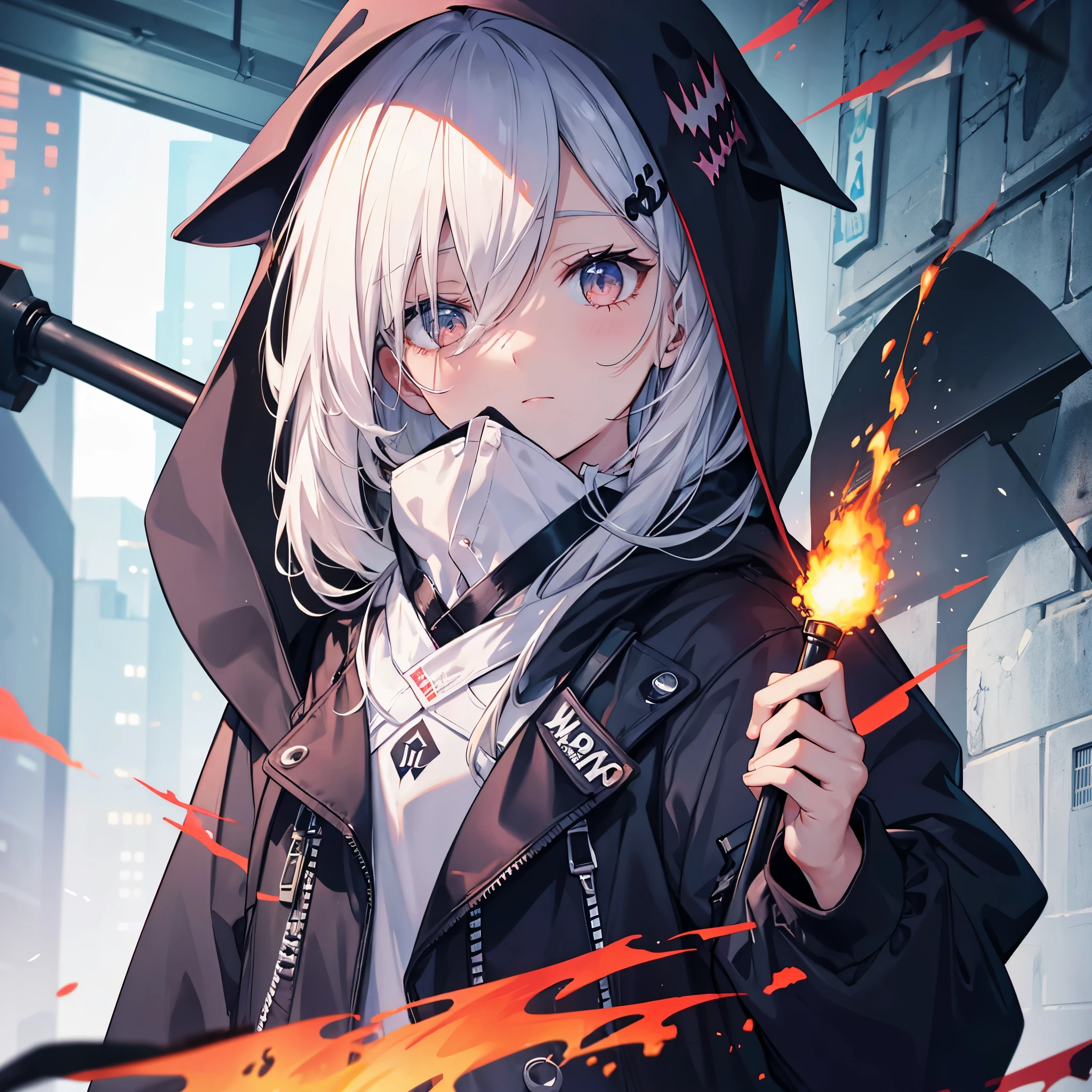 (((Grim Reaper&#39;s Scythe)))　(((Gray Hair　Short Hair　blue eyes　girl)))，((night　full moon　My own big wings))，(Wearing a hood　Black camisole　Purple light)，　A tense look　Shining Background　Shining Edge