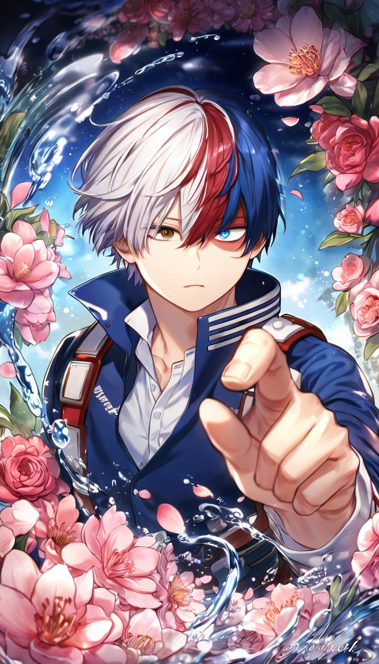 Ultra detailed, highres, absurdres, HDR, master piece, Todoroki Shouto, bicolor hair, right side is white, left side is red, heterochromia, right eye is grey, left eye is blue, Boku No Hero Academia, fantasy, pink petals, water, pink flowers, handsome, sexy man, solo, best quality, blossoms, blue shining fireflies, blue clothes, magical, the word "Krozseria" is written on his shirt,