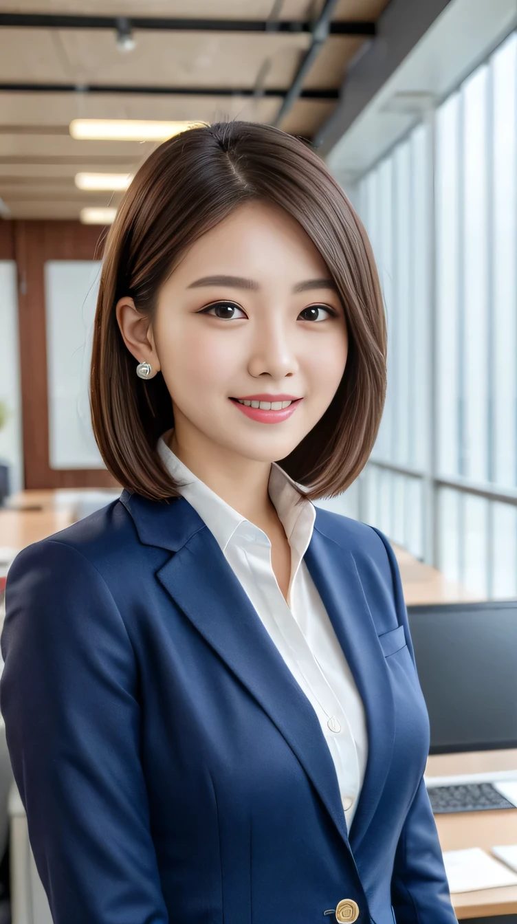 Highest quality:1.2), RAW Photos, High resolution, Very detailed, Intricate details, short hair、ear piercing、smile、Black Hair, (Front view, ), Clear beauty, Standing in office room, Upper Body, (High quality fabric, Office Lady Suit Fine Grain, Detailed face, indoor,

