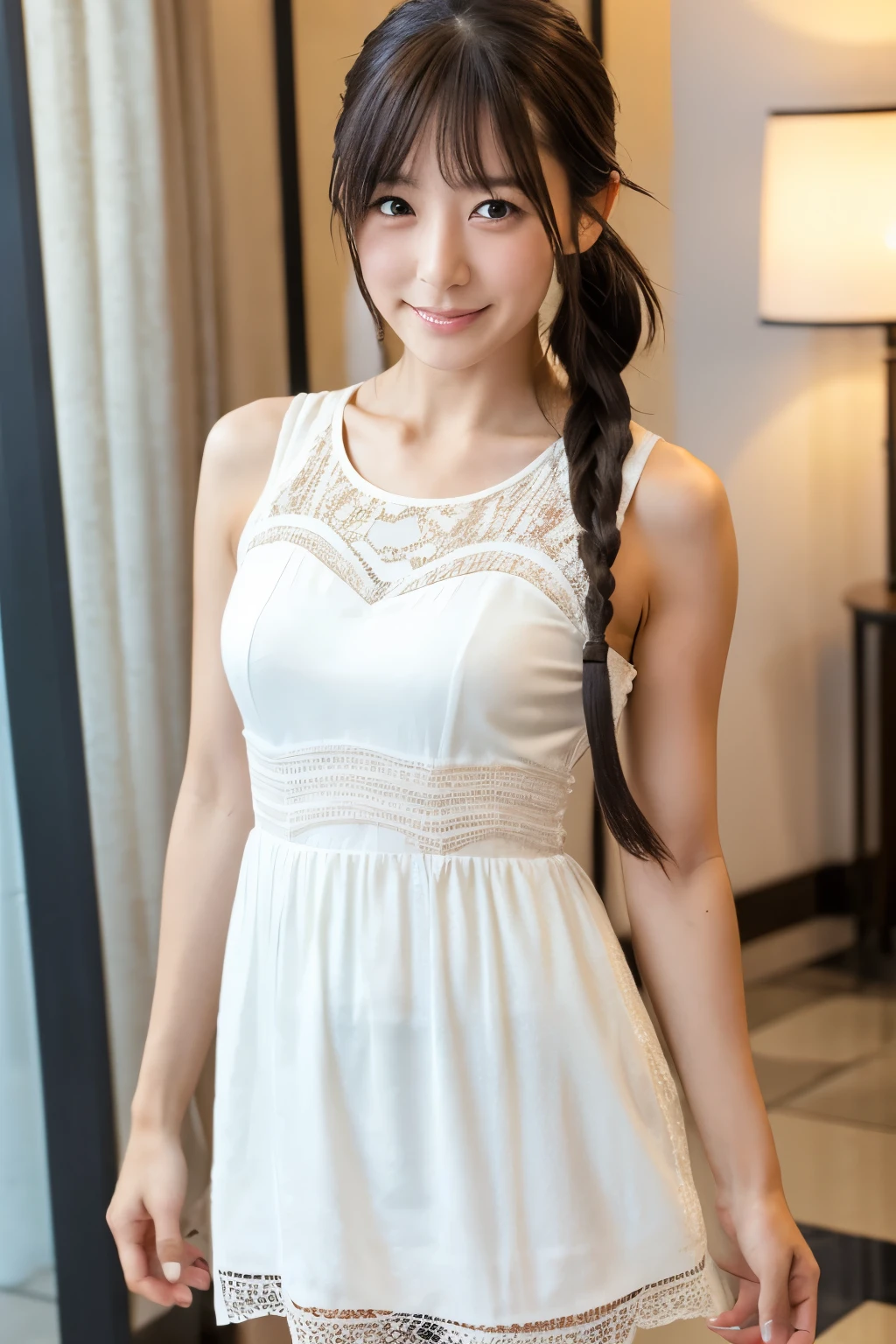 A Japanese woman, {30|40} years old, 1girl, cute face, slight smile, ((detailed face, detailed eyes)), black {short|braid} hair, medium breasts, very thin waist, correct human body structure, White see-through lace mini dress in a hotel lobby, (full body photo),