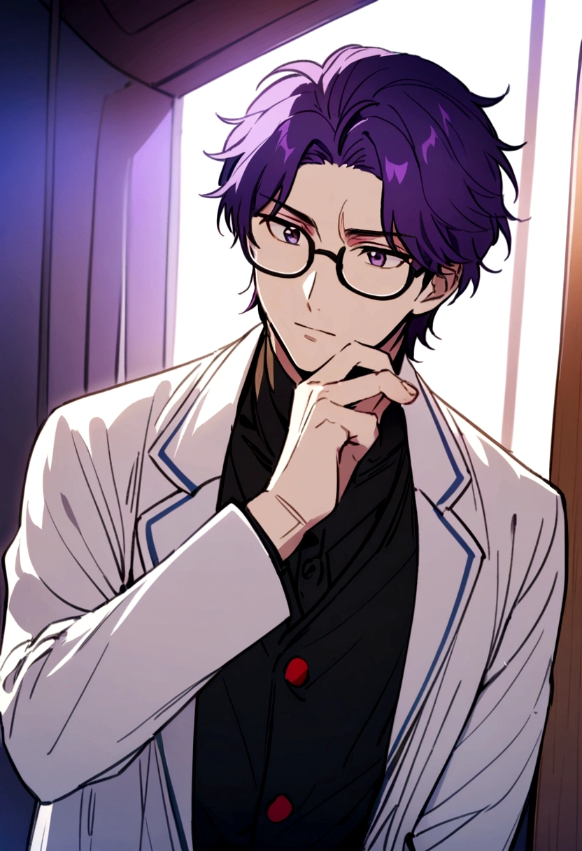 A handsome Korean male doctor, with purple hair, wearing glasses, and into anime 