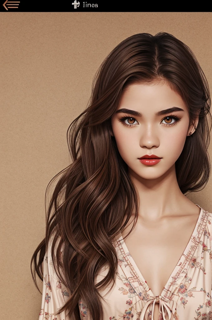 Generate stylized sketches: Fiona Senju from Teen Wolf wearing girly mainstream trendy, form fitting stylish bohemian outfits. Fiona is a  human girl with beautiful long slightly wavy dark brown hair and amber brown eyes. smokey eye makeup and rosy pale red lipstick.