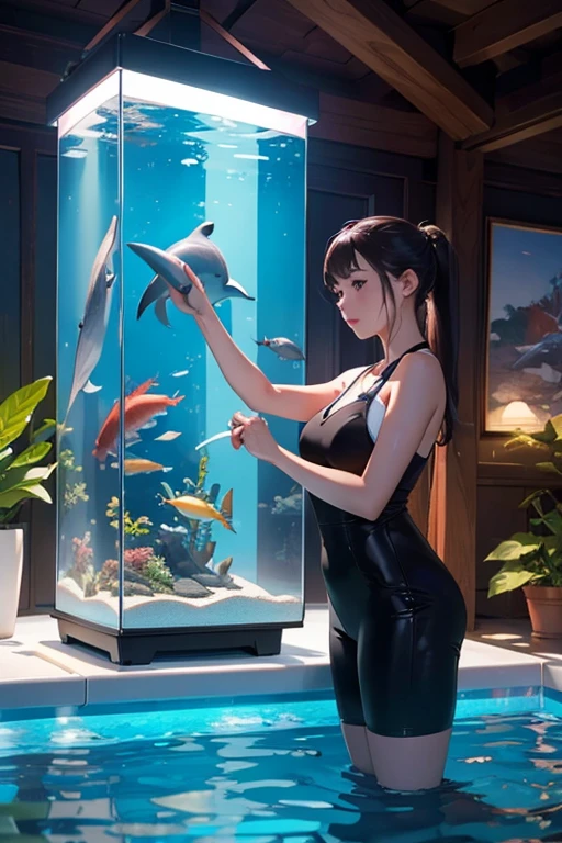 Highest quality、masterpiece、High sensitivity、High resolution、Detailed Description、One Woman、Slim Body、Dolphin Training、aquarium、Large aquarium、