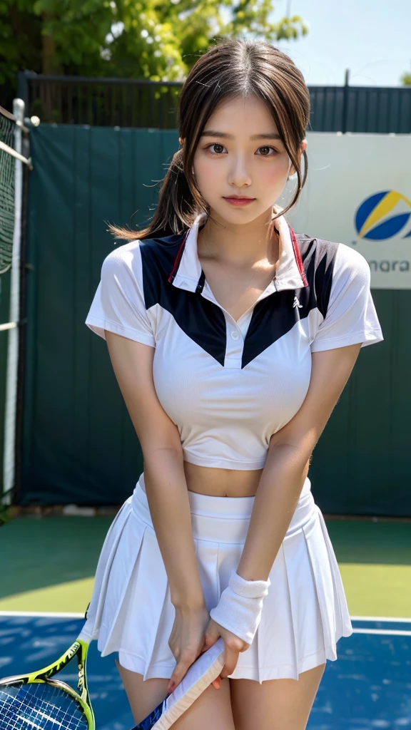 masterpiece, best quality, illustration, Super detailed, fine details, High resolution, 8K,wall paper, perfect dynamic composition, front view, standing, leaning forward, 18 year old girl, tennis player, Gravure Idol, cute type, (Details High quality, realistic depiction of eyes:1.3), huge breasts, low ponytail, black hair color, Dark makeup, Big Natural Color Lip, thick thighs, perfect body shape, plump figure, large hips, beautiful clavicle, white tennis uniform, short sleeve, shirt, skirt, socks, tennis shoes, depth of fields, natural lighting