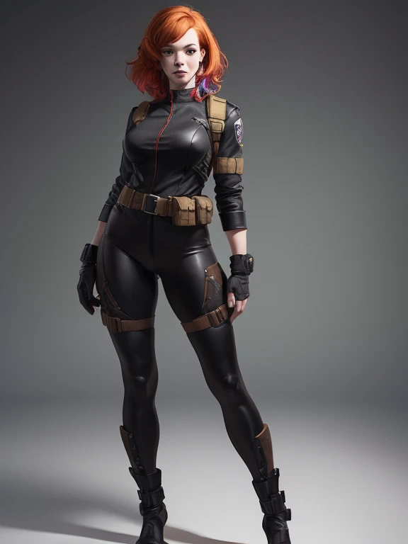 Christina Hendricks as an action hero, alluring 48 year old woman, High-quality facial research of Christina Hendricks, (Christina's sculpted cheekbones and slight wrinkles around the face), High-quality detailed research of Christina Hendricks voluptuous figure. Fingerless Gloves, skin-tight black leather suit, utility belt, goggles. Whole body, Casual pose, Beautiful pose, (Extremely detailed CG 8k wallpaper), (Extremely delicate and beautiful), (Masterpiece), (Best quality: 1.0), (Ultra-high resolution: 1.0), Beautiful lighting, Perfect lighting, Realistic shadows, [high resolution], Detailed skin, Super detailed (((Colorful))), Digital art, metal gear solid concept art, full body concept art, Expert concept art with high detail, concept-art, stealth game concept art, concept-art, Yoji Shinkawa style, Video game concept art, 4K, full body portrait
