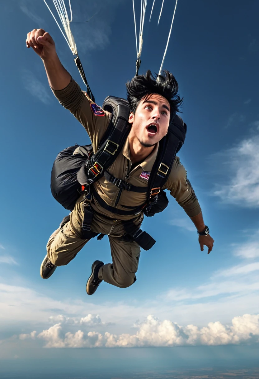A young man with short, tousled black hair, falling from the sky with a parachute, high detailed portrait, cinematic lighting, dramatic sky background, photorealistic, intricate details, mesmerizing expression, cinematic composition, masterpiece