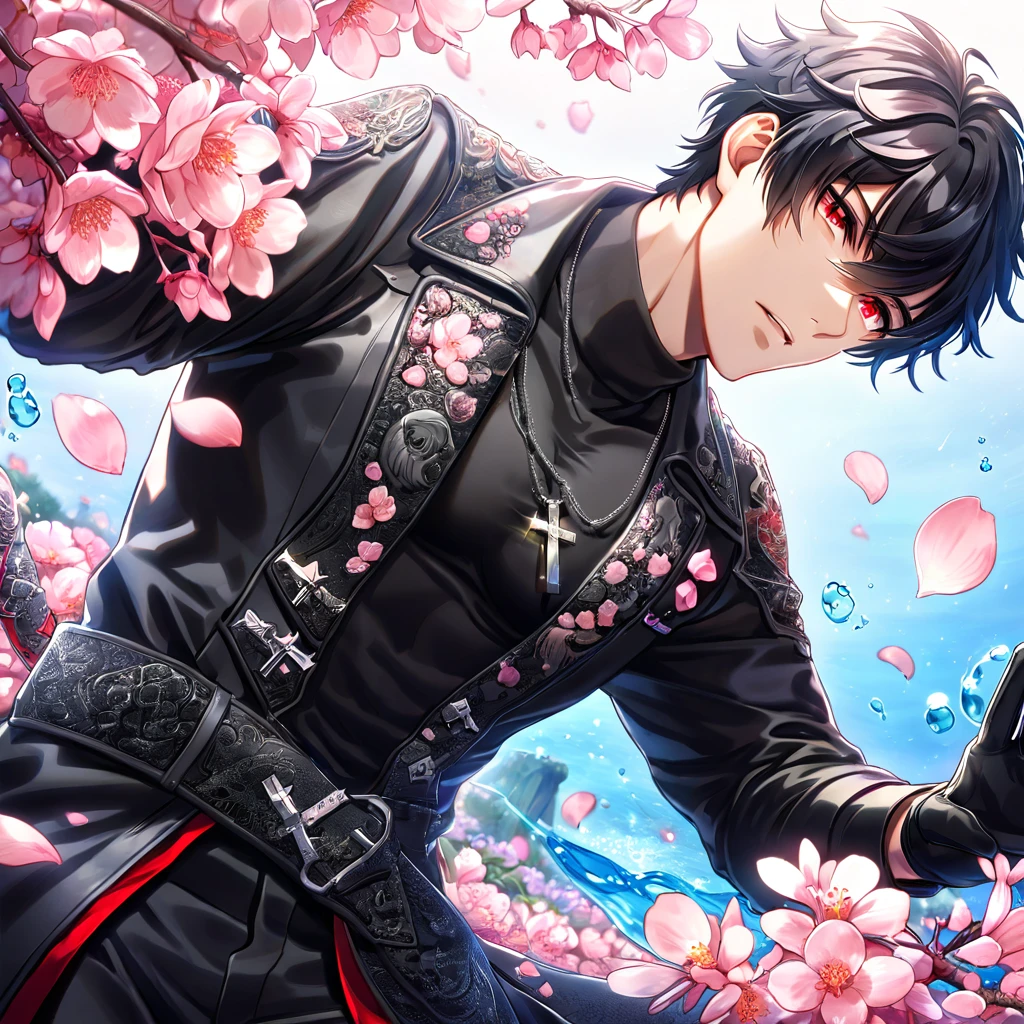 absurdres, highres, ultra detailed, HDR, master piece, best quality, Shiki, black hair, expressive red eyes, Togainu No Chi, solo, sexy man, handsome, black leather coat, black tight turtleneck shirt, black gloves, silver cross necklace, fantasy, shining, water, pink flowers, blossoms, magical, pink petals