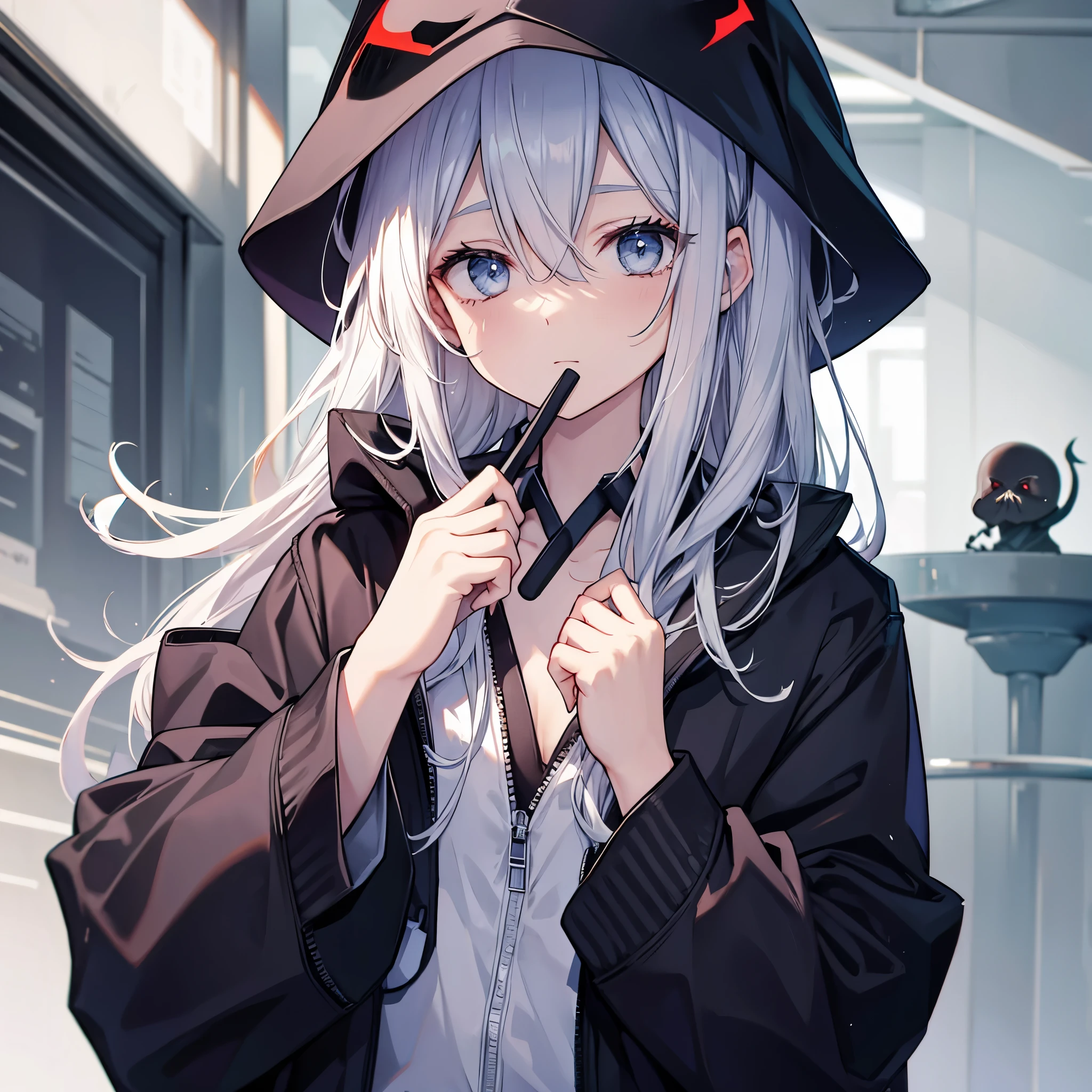 (((Grim Reaper's Scythe))) (((Gray Hair Short Hair blue eyes girl))),((night full moon My own big wings)),(Wearing a hood Black camisole Purple light), A tense look Shining Background Shining Edge