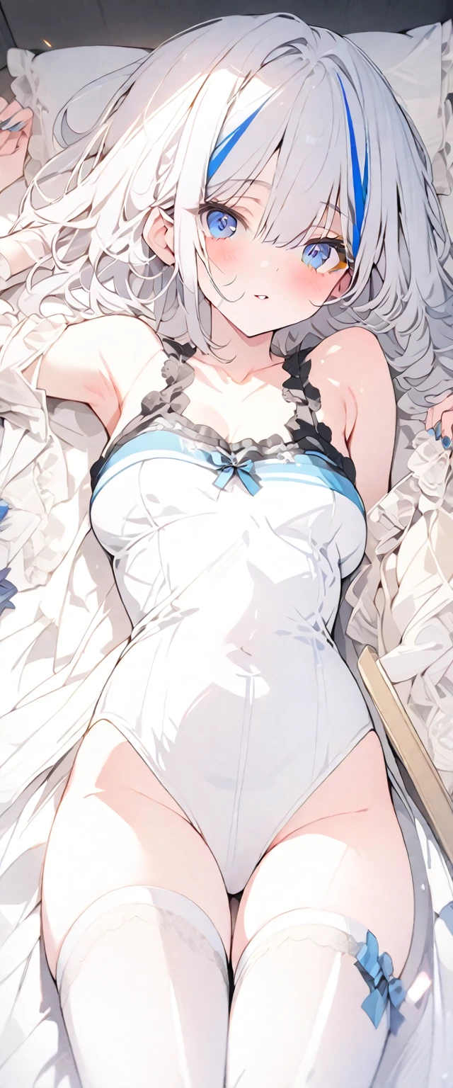 beautiful, masterpiece, Highest quality, anime, One girl, C Cup,Portrait Shot, View your viewers, Covered、Medium Hair、nearby、Blue Eyes、art、、White hair,Blue streaked hair、wallpaper、Stirring face、Thighs、Cute、bed、white_Full stockings、valley、Lying on your back、