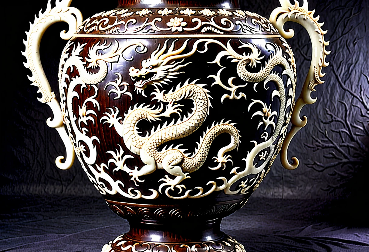 there is a large vase with a dragon on it, intricately carved antique bone, ornamental bone carvings, highly detailed carvings, ancient chinese ornate, horned, features intricate detail, detailed and intricate image, intricate carving, intricate carvings, banal object on a pedestal, intricately carved, carved bone ruff, intricate ornamentation, highly ornate intricate detail