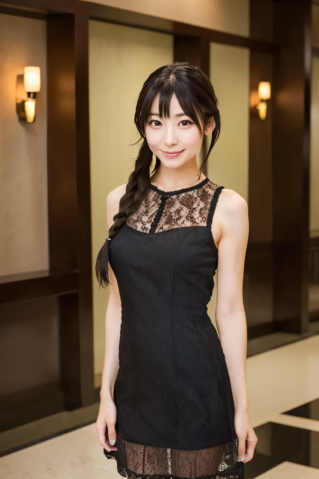 A Japanese woman, {30|40} years old, 1girl, cute face, slight smile, ((detailed face, detailed eyes)), black {short|braid} hair, medium breasts, very thin waist, correct human body structure, See-through lace mini dress in a hotel lobby, (full body photo),