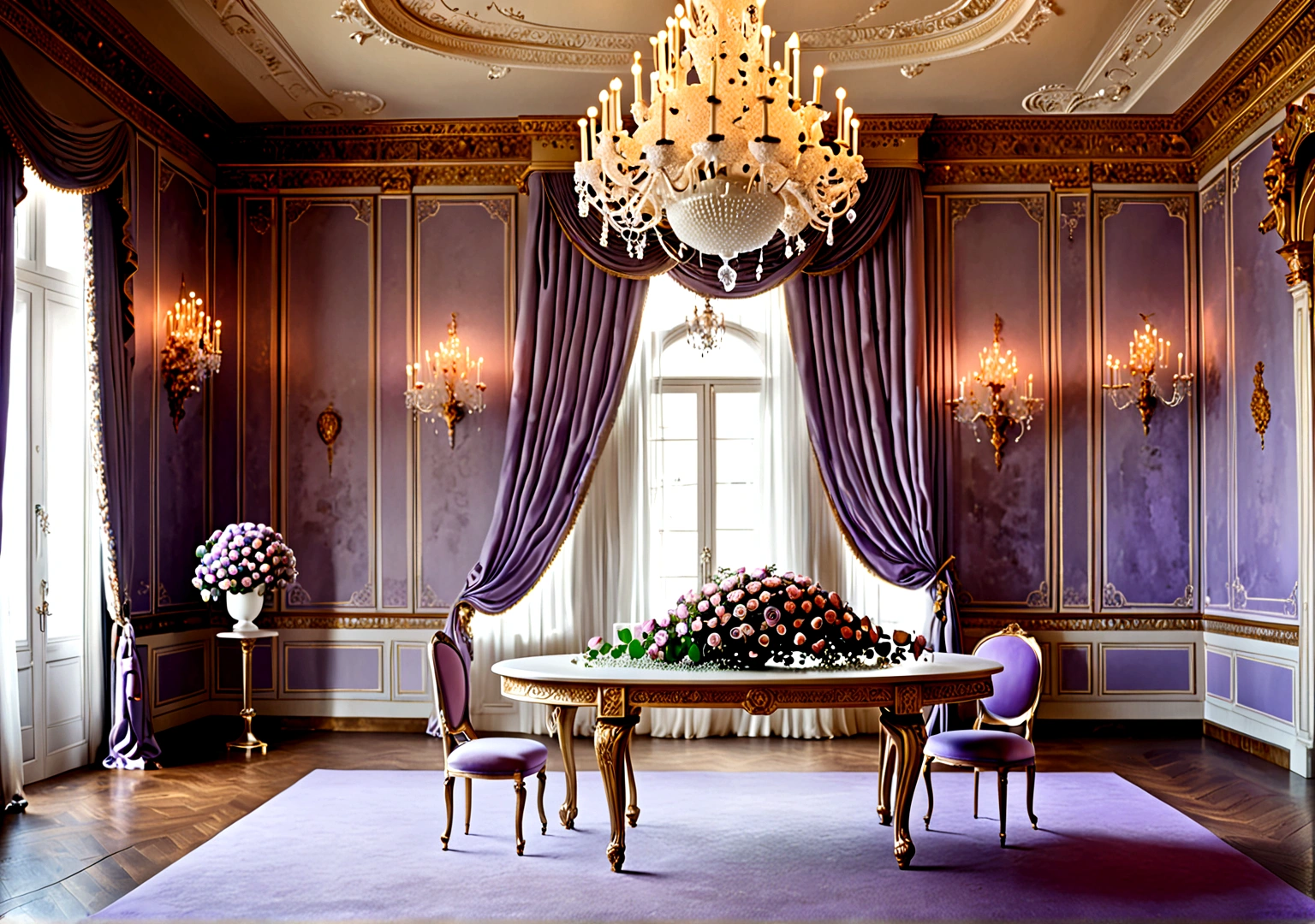 A grand, opulent European palace room, a large ornate table with decor, (1walls:1.3) adorned with roses, lavender, and 's breath, a floor lamp with an artistic flair, bright yet soft lighting, simple modern accents, frontal angle, eye-level, ultra-detailed, high-resolution photograph