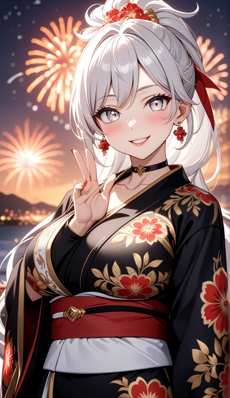 ((One personの女性)), Beautiful Face, (Laughing embarrassedly), ((laugh)), ((Wink:1.8)), ((waving at viewer:1.3), Laugh with your mouth wide open,((Bright red cheeks:1.4)),Shiny red lips, night,横浜のnight景,You can see the ocean, firework,,Glossy pink lips,Facial lighting,((Anime style background)),masterpiece, Highest quality, so beautiful,up to date, Complex details, (4fingers and 1thumbs), (Pink long nails), (ring),(bracelet),(choker),AI-generated, Complex,High resolution, Highest quality, super high quality,3D Images、3D Images,One person,Long white hair,High Ponytail,(blue eyes),Anime woman posing for a photo, ((Fine grain、Silvery white eyes、Shining Eyes:1.4)),(Squint your eyes:1.1),a hyperRealistic , hyperRealistic , Realistic,Anime woman with long white hair, Smooth anime CG art, A woman in a colorful kimono with gold embroidery, (Black long sleeve kimono),Red floral pattern,Long flower hair ornament,Earrings,Mature Body,(Big Breasts:1.1),Tall,Abdominal muscles,Narrow waist,(Zoom up to face:1.1), ((front view)),