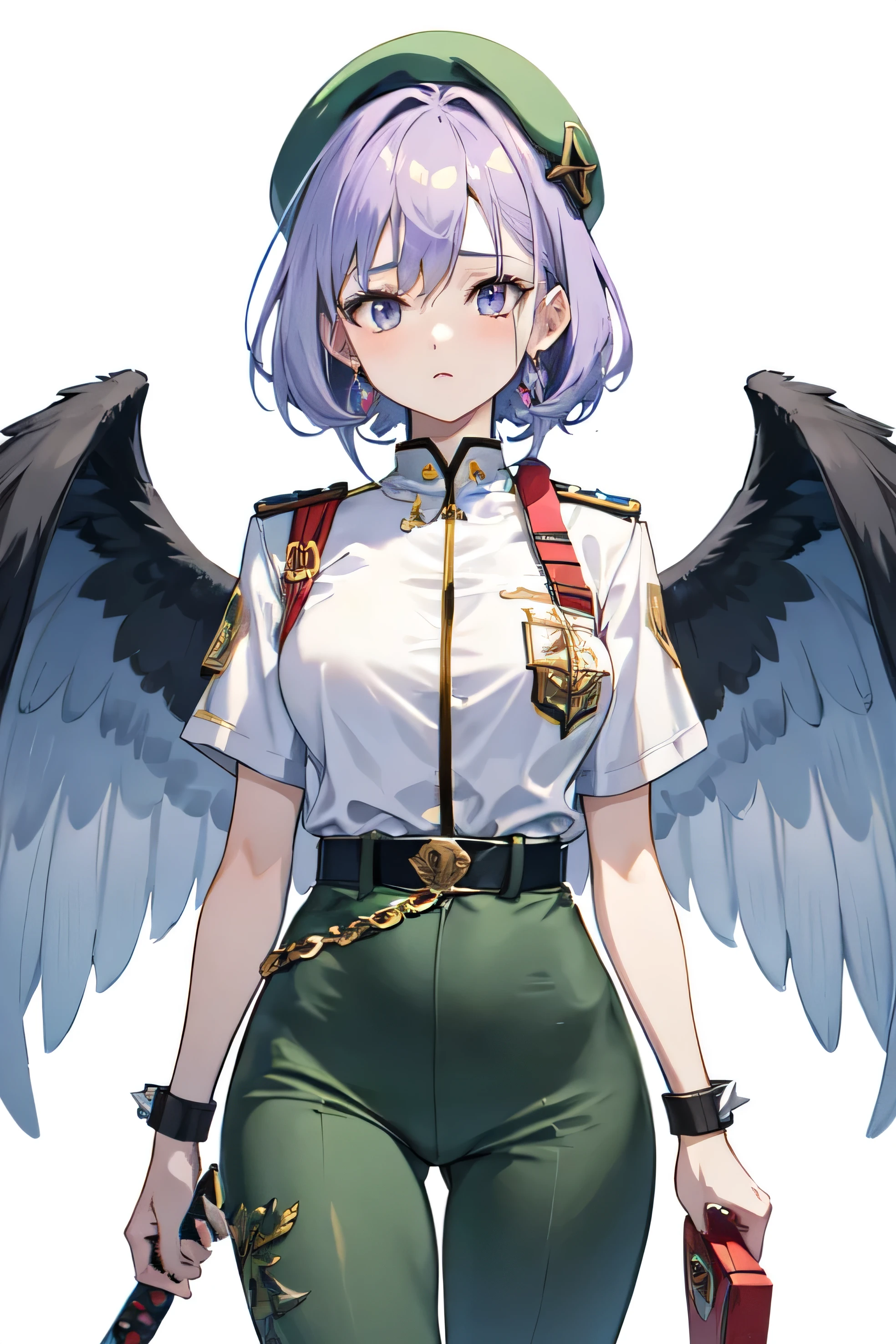 50 year old anime style woman The character has lilac hair with a military beret. She wears a green camouflage top and black pants with gold details.. Na cintura, carries a knife and she has a pair of wings (Giants) white angels on your back . She wears golden wristbands and has a long red katana with a spiked sash on her back.