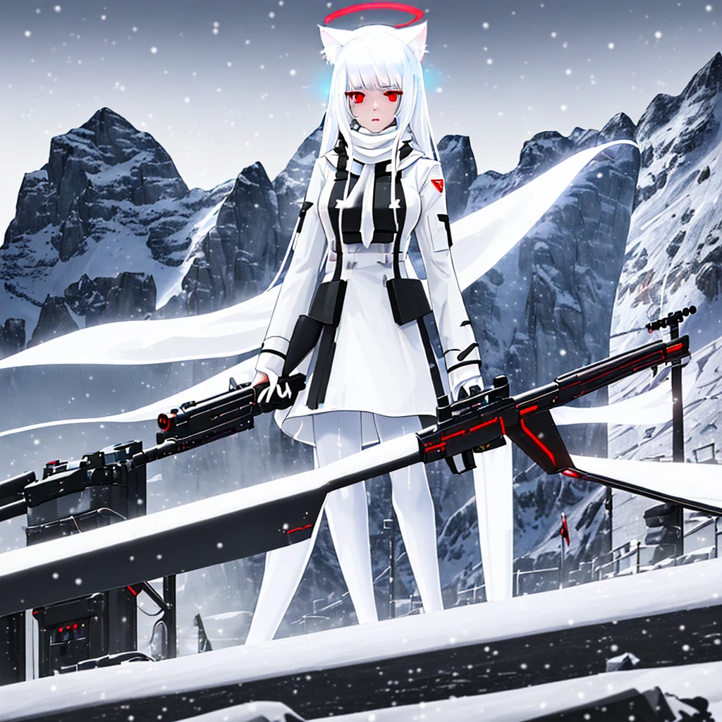 White hair, cat ears, 1 girl, white pantyhose, red eyes, military, sci-fi drones, white scarf (white scarf covering the neck), gray angelic halo, holding a sci-fi rifle, high quality, no water marks, snow, mountain (snowy mountain)