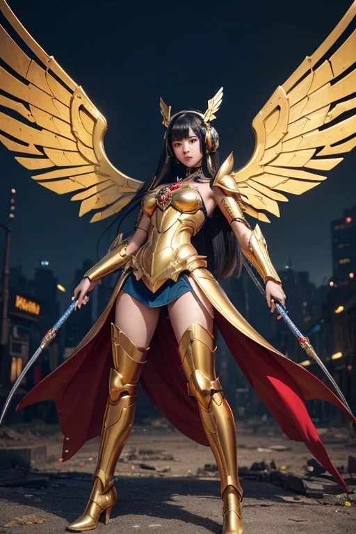 ((best quality)), ((masterpiece)), (ultra detailed), long shot fullbody a beautiful ((thai girl, long straight black hair )), 32 perfect breasts, ((gold)) headphones. wearing ((sexy mecha armor)) in ((shiny red and gold engraving)) with ((bee wings)). wearing mecha boots. holding ((blue fiery circular whip)). ((stylized dynamic pose)), background ((burnt city ruins)). ((daylight scene)), 32k UHD, ((high resolution)), reflective surfaces, sigma lens 85mm f/8.