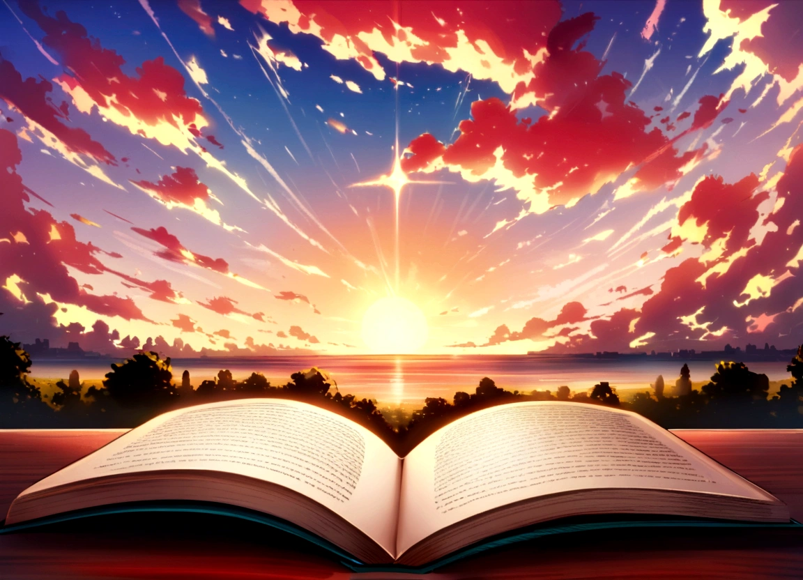 A spectacular dawn image where vibrant colors fill the sky. The camera slowly moves in towards the open book on the table., There "The Power to Overcome".