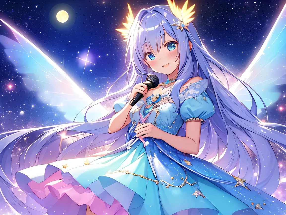 ((masterpiece)), ((best quality)), (ultra-detailed), ((kawaii)), cute, (lovely), illustration, anime style, galaxy, stars, stage, concert, night sky, ethereal, magical, celestial, twinkling lights, sparkling, music notes, beautiful girl, idol, microphone, futuristic, long flowing hair, vibrant colors, dazzling, fantasy, dreamlike, starry background, performing, energy, enchanting, moon, shooting stars, glowing, wings, neon lights, anime, surreal, whimsical, stardust, ethereal atmosphere, elegant dress, luminescent, floating, heavenly, otherworldly, soft glow, enchanting scene.
