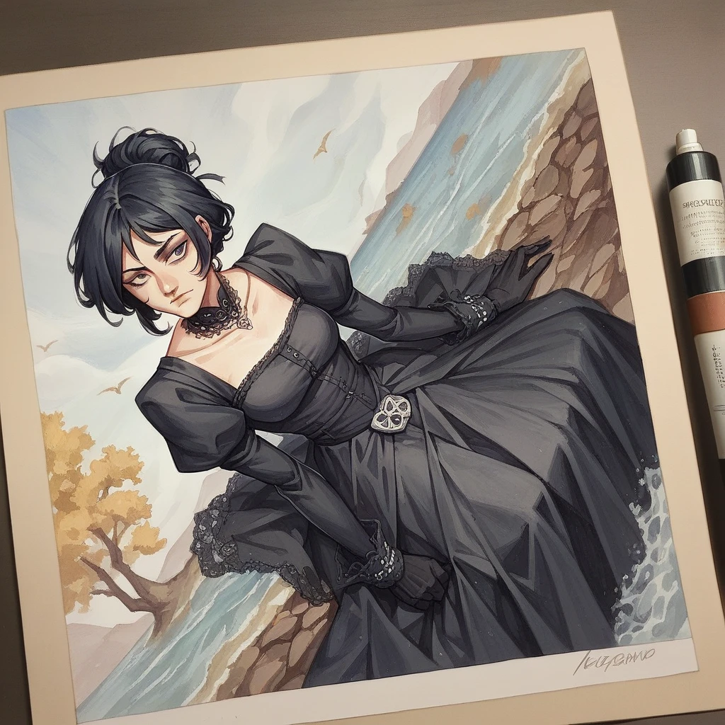 score_9, score_8_up, score_7_up, score_6_up,source_anime,ATLA style, anime 2d, face, lixsberano,   gazing at viewer, conceptual artwork, High aboveper body view, gothic art, oil painting, Traditional media, wearing a modest black dress,