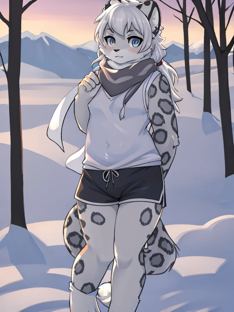 snow leopard,White hair,hairy,full,White belly-baring dress,scarf,Grey shorts
