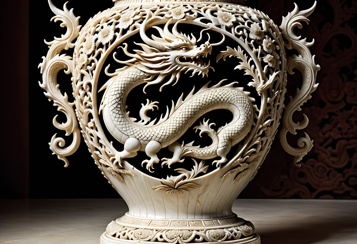 there is a large vase with a dragon on it, a marble sculpture inspired by Jan Karpíšek, pixabay, folk art, intricately carved antique bone, ornamental bone carvings, highly detailed carvings, ancient chinese ornate, horned, features intricate detail, detailed and intricate image, intricate carving, intricate carvings, banal object on a pedestal, intricately carved