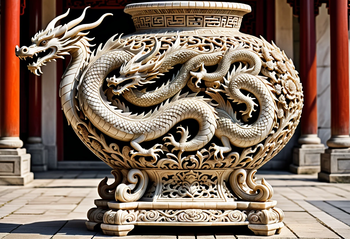 there is a large vase with a dragon on it, a marble sculpture inspired by Jan Karpíšek, pixabay, folk art, intricately carved antique bone, ornamental bone carvings, highly detailed carvings, ancient chinese ornate, horned, features intricate detail, detailed and intricate image, intricate carving, intricate carvings, banal object on a pedestal, intricately carved