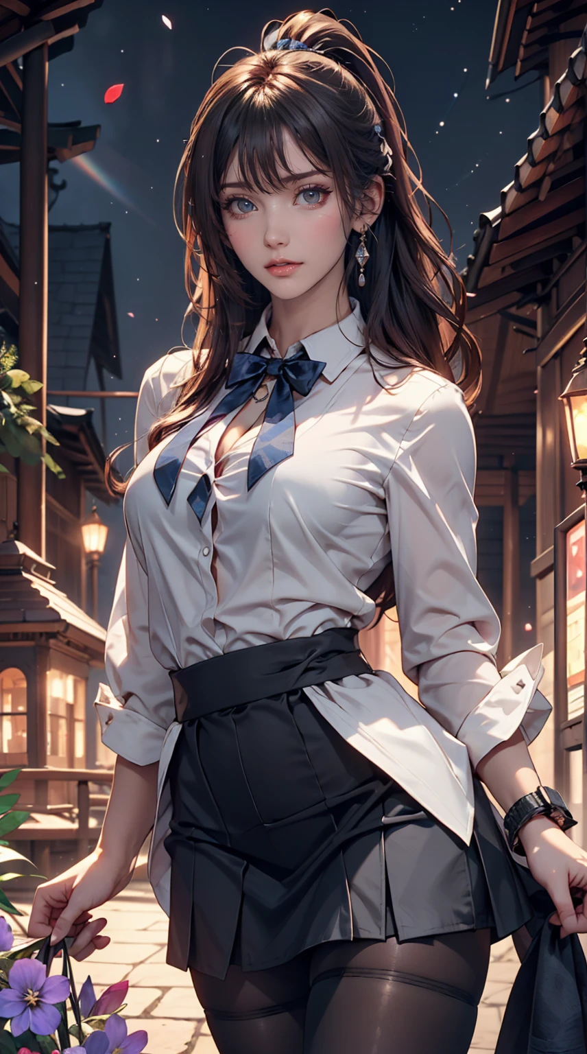 Highest quality, masterpiece,, figure, wallpaper,One girl, alone, , White shirt, Black Skirt, Light Hair, Semi-long hair, Beautiful detailed girl, Highly detailed eyes and face, Beautiful attention to detail, shy, nature_Lighting, shine,Browsing Caution, clean null, View your viewers, Outdoor, night null, star (null), loafers, Black Pantyhose, Blue bow tie, Straight hair, Purple petals, Purple and blue flowers, Red Eyes, ponytail, Blue Ribbon,Gray Hair, thick_Thighs, Large Breasts, Red eyes,Sexy proportions、Sexy、Narrow waist、necklace、Wear accessories on your wrist