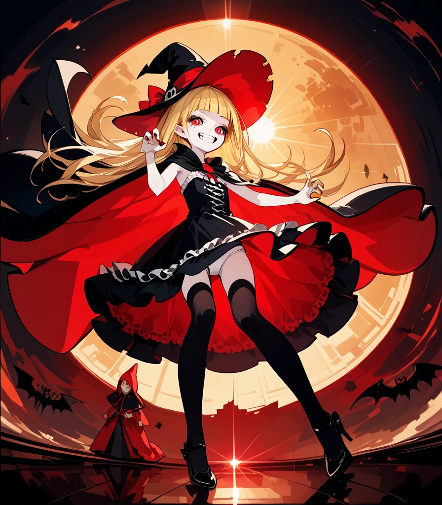 score_9, score_8_up,score_7_up,1 girl,solo,10 years old,(female child:1.5),(vampire:1.5),(witch:1.3),(europian:1.5),emaciated,red eyes,(slant eyes,tsurime:1.2),(blonde hair,very long hair,blunt bangs,straight hair:1.1),flat chest,(pale skin:1.5),(sharp teeth:1.5),(gothic lolita,black dress:1.1),pointy hat,(vampirecape,cape,cloak:1.1),(grin:1.5),skinny
(from front),indoor
(Rembrandt lighting, colorful reaction, lens flare, bloom,film Reflection),(claw pose),sitting,barefoot,foot focus,from below,bare legs,pale skin,ride angle,