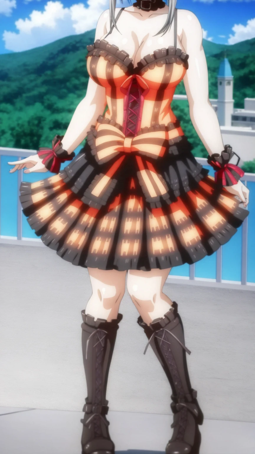 1 girl, very big breasts, very sexy body, 1 girl in, a smile, looks at the viewer, black shirt, super short white school miniskirt, full body, giant breasts, cleavage, giant breasts, heels, background in the mountains 1 girl , with big breasts. long legs QUEEN huge tits, (cleavage), high legs, (standing), sexy and muscular body. short skirt.4k hd