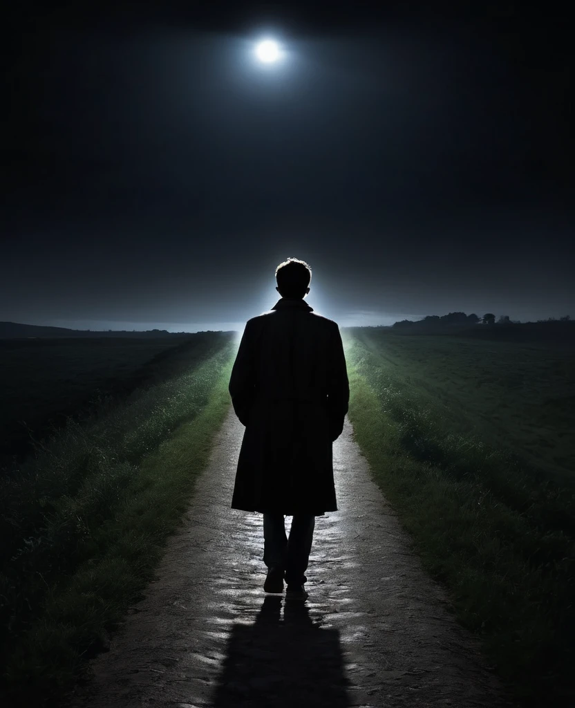 Man in dark place , long road , light in the end of the path , alone , back view , too dark , night , he carry on his back alot of people