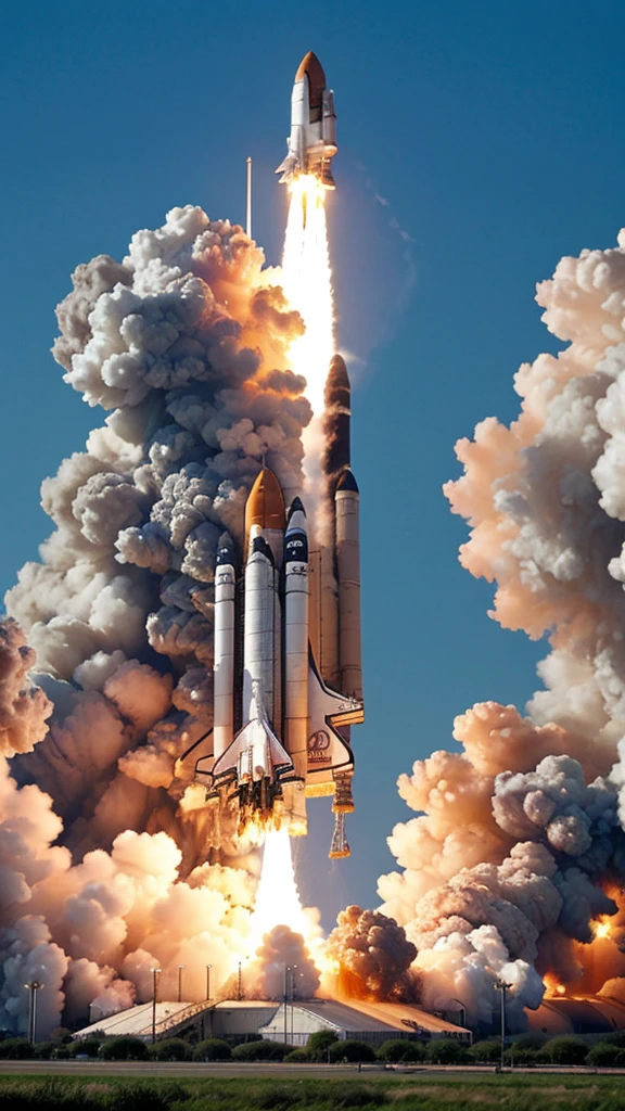 The Space Shuttle Challenger launching from Kennedy Space Center, with a fiery plume and billowing smoke.
 