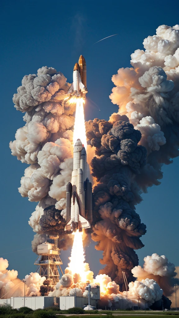 The Space Shuttle Challenger launching from Kennedy Space Center, with a fiery plume and billowing smoke.
