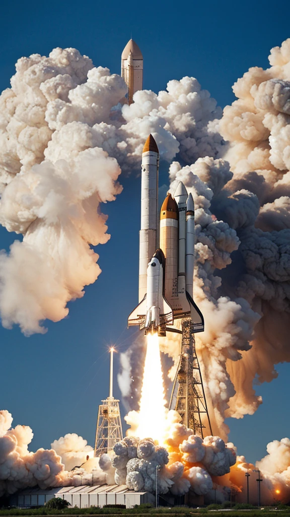 The Space Shuttle Challenger launching from Kennedy Space Center, with a fiery plume and billowing smoke.
 