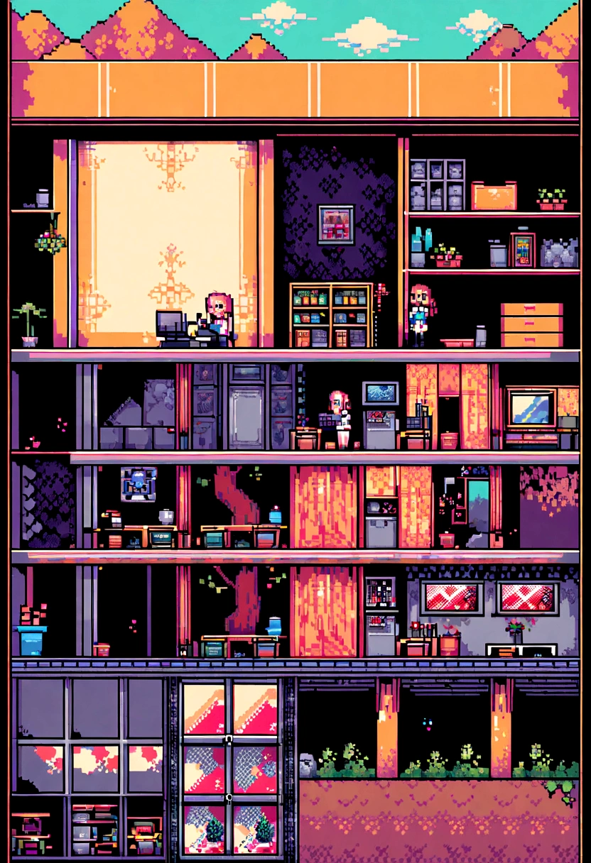 (Best Quality,high resolution), pixel art, vibrant colors, nostalgic atmosphere, Immersive gameplay, 16-bit graphics, pixel perfect controls, young woman, company director, working