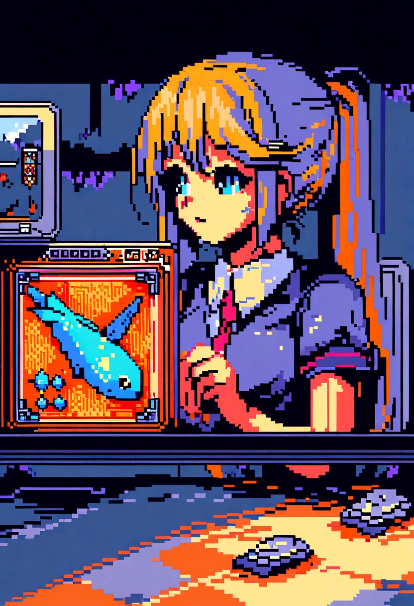 (Best Quality,high resolution), pixel art, vibrant colors, nostalgic atmosphere, Immersive gameplay, 16-bit graphics, pixel perfect controls, young woman, company director, working