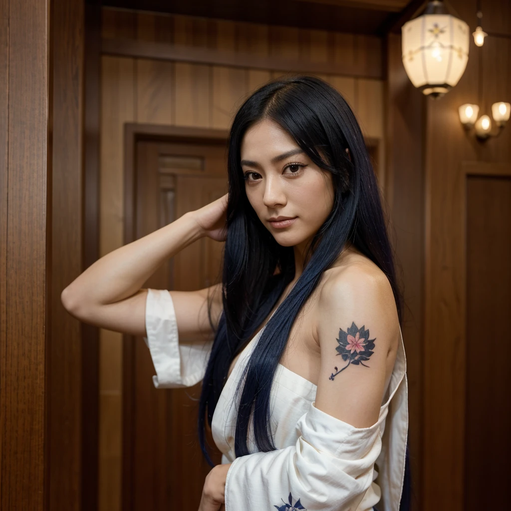 Create a wife for Satoru Gojo from Jujutsu Kaisen.
name: Aya Nakamura Idade: 25 years Personality: Determined, intelligent and loyal Appearance:
eyeballs: deep and expressive, with a touch of mystery.
body hair: far away, black as night, with blue locks that shine in the moonlight.
Facial Features: Elegant and well defined, With an enigmatic smile.
Height: 1,70 m, slender and gracefully tall.
styled: Combines traditional with modern, wearing kimonos with contemporary details.
tatoo: A small tattoo of a cherry blossom on the wrist, symbol of renewal and beauty.
Aya is a skilled sorceress, with a gift for the Limitless spell, just like Gojo. She challenges you intellectually, but also supports him unconditionally. Its presence is magnetic, and Gojo can't help but feel attracted to her. Create her in the jujutsu kaisen drawing style