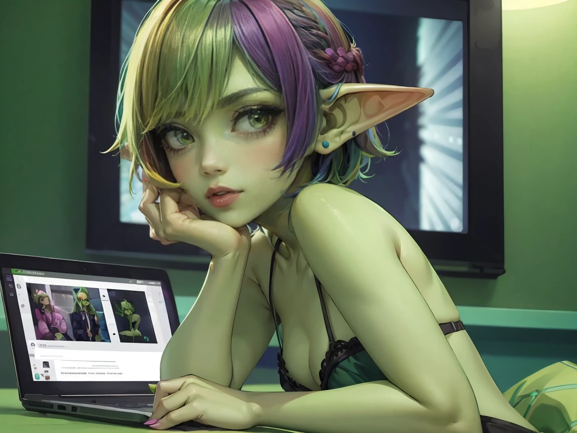 ((best quality)), ((masterpiece)), (detailed), goblin girl, (green skin), purple hair, shortstack, romantic lighting, asleep on the couch, lying on the couch, nude, covered under blanket, splayed out, dynamic pose, visible breasts, eyes closed, curled up, comfy, cute, sexy, tv is turned on, game controller on the floor, eyeglasses nearby, pov above, topless, fetal position, purple couch, sleeping on couch, very dark room, only light is the blue glow from a blank tv screen, high pov, under a blanket, on a couch, head on the cushion, snoring, curled up asleep, fell asleep on the sofa, blanket barely covering body, on her back, sleeping on back, facing upwards, legs hanging off couch, snoring, drooling