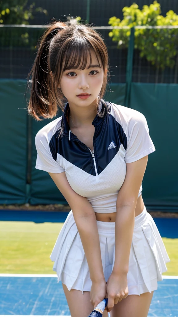 masterpiece, best quality, illustration, Super detailed, fine details, High resolution, 8K,wall paper, perfect dynamic composition, front view, standing, leaning forward, 18 year old girl, tennis player, Gravure Idol, cute type, (Details High quality, realistic depiction of eyes:1.3), Colossal tits, low ponytail, black hair color, Dark makeup, Big Natural Color Lip, thick thighs, perfect body shape, plump figure, large hips, beautiful clavicle, white tennis uniform, short sleeve, shirt, skirt, socks, tennis shoes, depth of fields, natural lighting