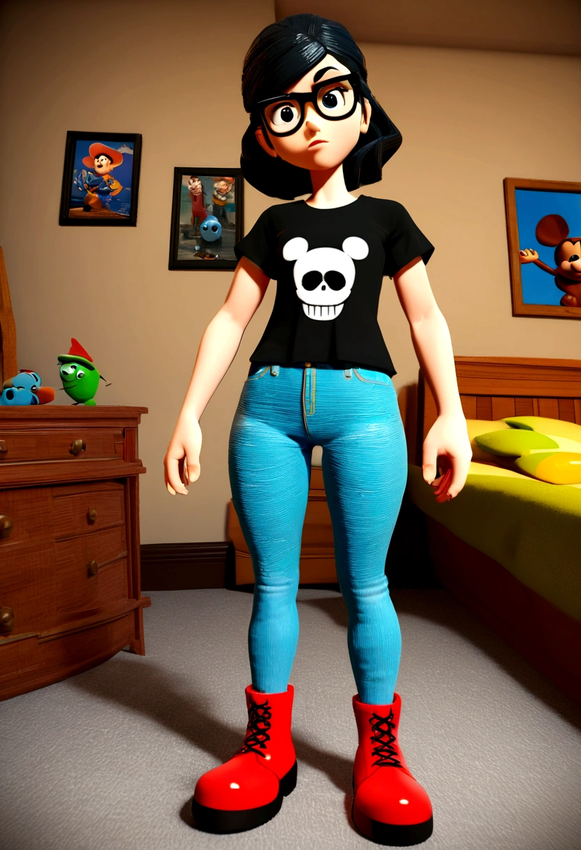 disney pixar style cartoon character, White girl, slim, with a serious and fixed look, straight black hair, eyes black, retracted lips, big square glasses, black t-shirt with a skull design and jeans, boot. in a ager's room. Serious woman, photo by full body, drawing in 3D Art style, C4D, Disney style, pixar style render illustration Super Detail, 8K