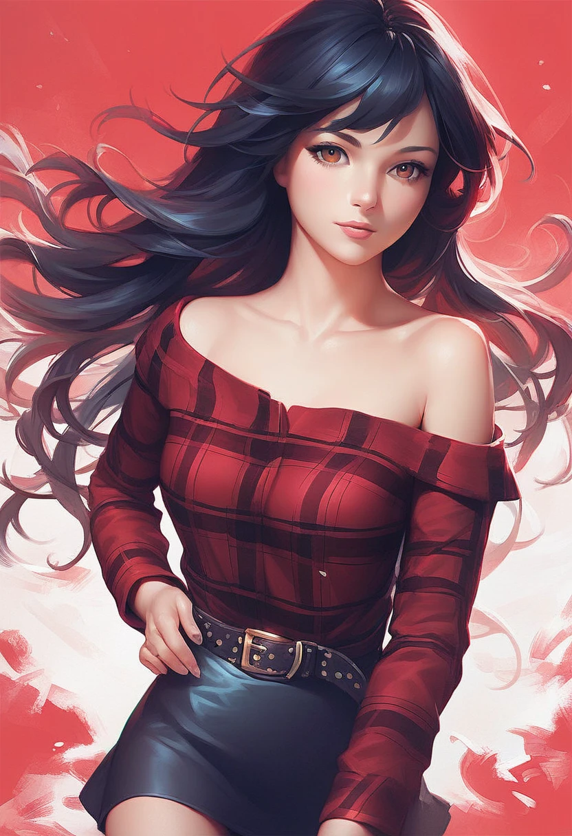 score_9,score_8_up,score_7_up,source_anime,1girl,solo,skirt,black hair,realistic,long hair,looking at viewer,shirt,bare shoulders,black skirt,red background,off-shoulder shirt,plaid shirt,collarbone,plaid,belt,brown eyes,long sleeves,cowboy shot,