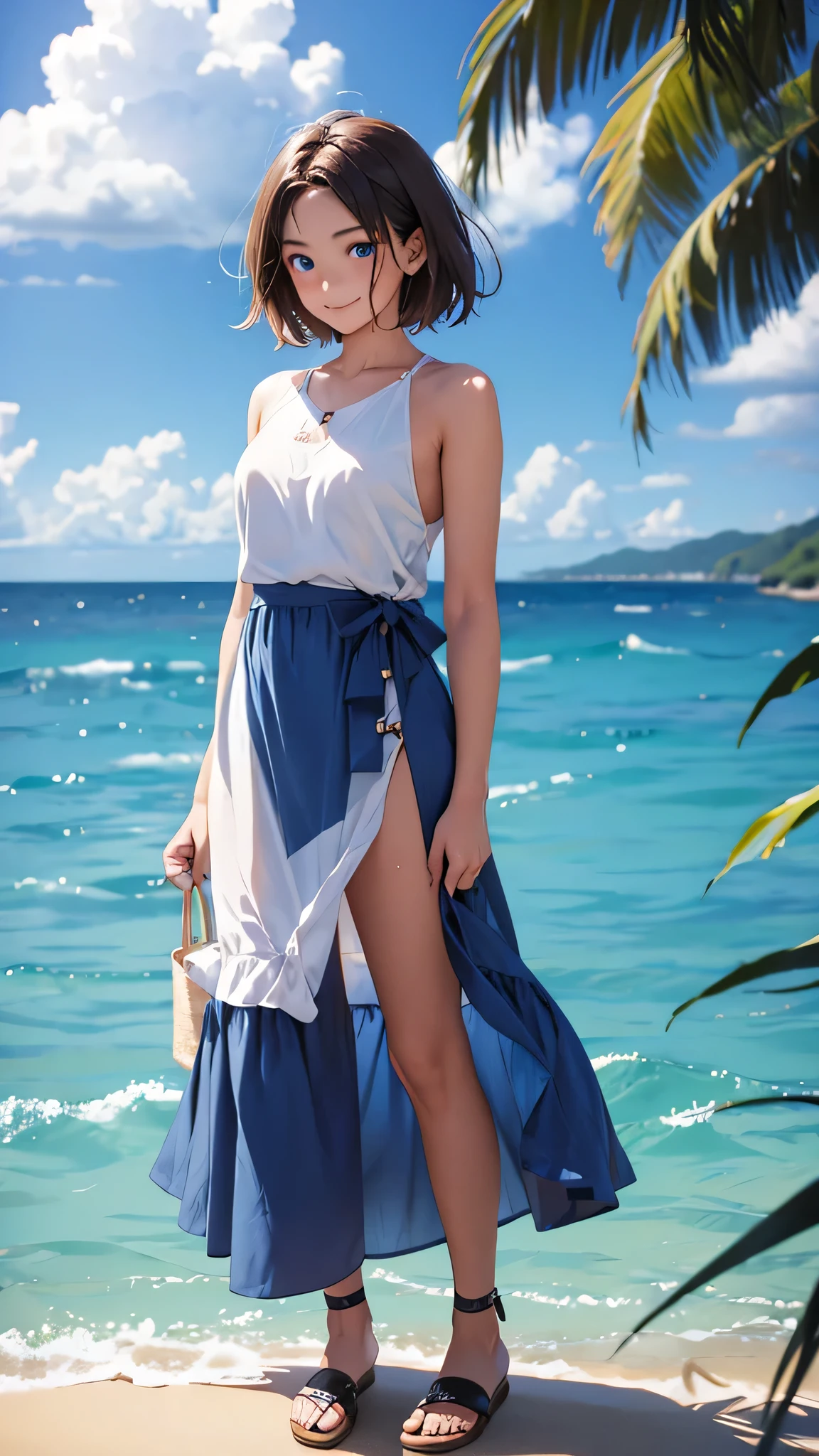 highest quality、Realistic、zoom、14 years old、Chestnut Hair、Blue Eyes、Short Hair、Long dress、Sunburned、Tan、Brown Skin、Sweat、smile、Ocean、、Full Body、