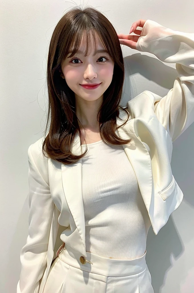 RAW Photos),(Highest quality), (Realistic),(Simple white background:1.2), ,,girl, Upper Body, A face with attention to detail, smile, High waisted pants with a silk blouse and structured blazer, Creates a sophisticated and powerful appearance,