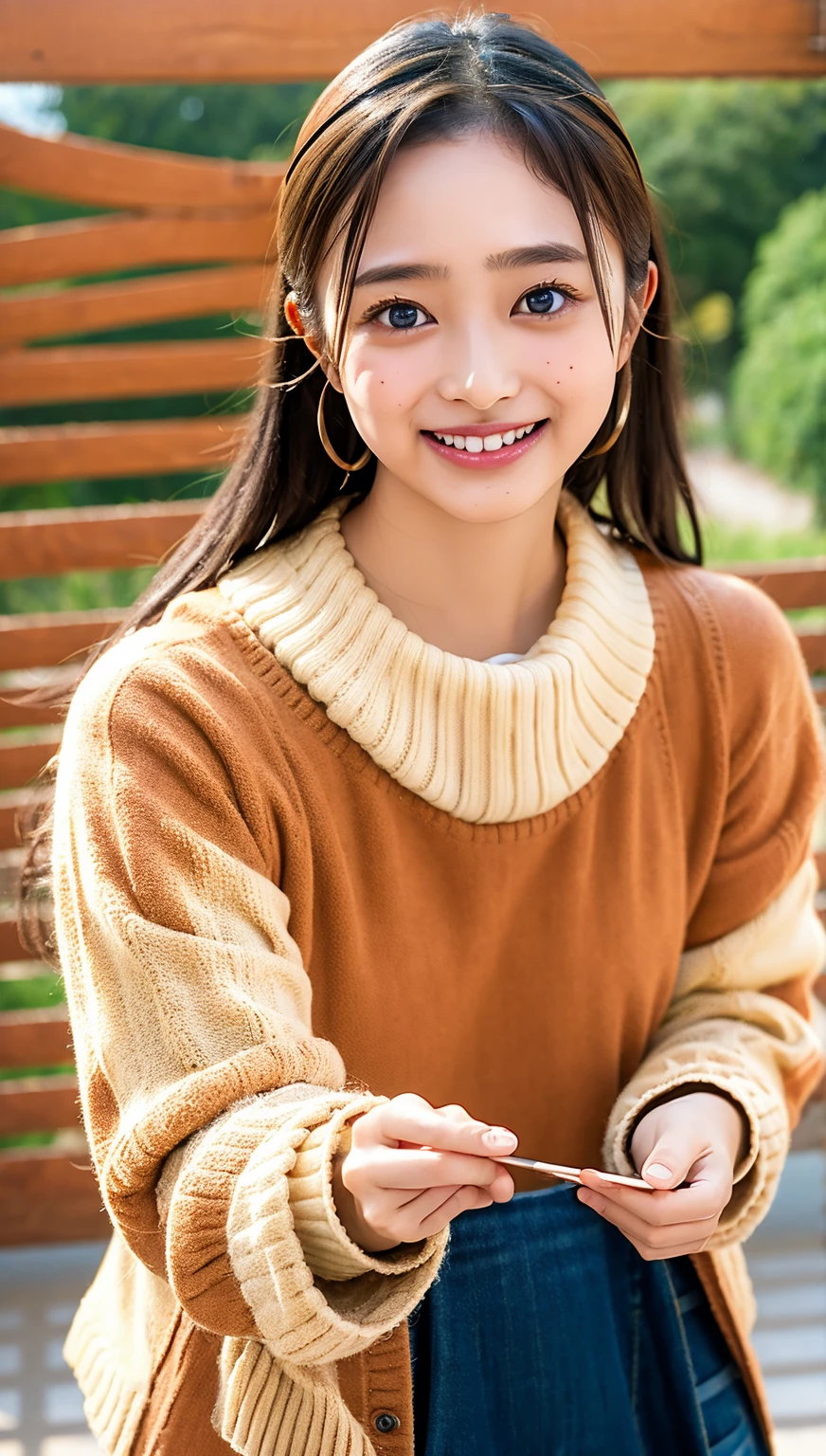 (cowboy shot),Ultra-high resolution,big eyes,(brown eyes),Japanese,(forehead),(a girl),(1 girl),((17 years old)),((cute)),pretty,((facing at viewer)),arms behind back,grin,outdoor