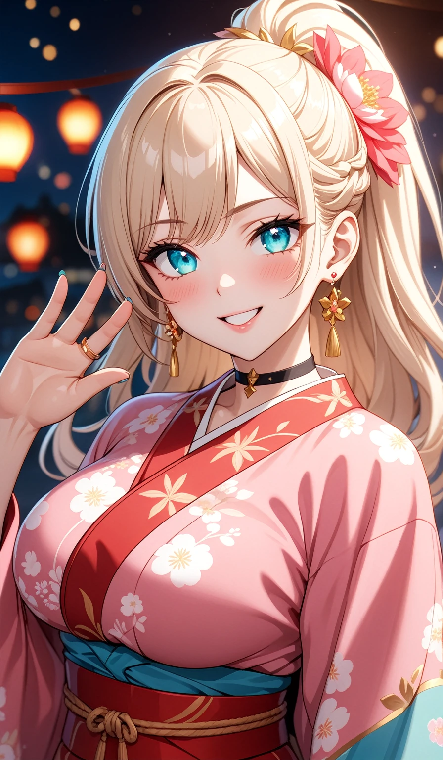 ((One personの女性)), Beautiful Face, ((Laughing embarrassedly)), (laugh),((Wink:2.0)),((waving at viewer:1.3)), (head tilt:1.3), Laugh with your mouth wide open,((Bright red cheeks:1.4)),Shiny red lips,night,横浜みなとみらいのnight景, firework,Laughing with your mouth open,Glossy pink lips,Facial lighting,((Anime style background)),masterpiece, Highest quality, so beautiful,up to date, Complex details, (4fingers and 1thumbs), (Pink long nails),(ring),(bracelet),(choker),AI-generated, Complex,High resolution, Highest quality, super high quality,3D Images、3D Images,One person,Long blonde hair,High Ponytail,(turquoise blue eyes),Anime woman posing for a photo, ((Fine grain、Colorful eyes、Shining Eyes:1.3)),(Squint your eyes:1.1),a hyperRealistic , hyperRealistic , Realistic,Anime woman with long white hair, Smooth anime CG art, A woman in a colorful kimono with gold embroidery, (Pink long sleeve kimono),Red floral pattern,Long flower hair ornament,Earrings,Mature Body,(Big Breasts:1.1),Tall,Abdominal muscles,Tight waist,(Zoom up to face:1.6),(front view),