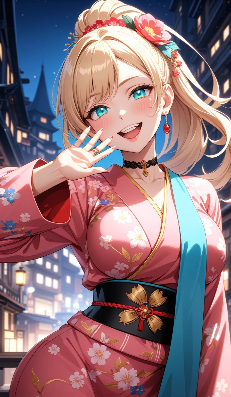 ((One personの女性)), Beautiful Face, ((smirk)),((Wink:1.9)), head tilt, Laugh with your mouth wide open,((Bright red cheeks:1.4)),Shiny red lips,night,rooftop,You can see the ocean, firework,Laughing with your mouth open,Glossy pink lips,Facial lighting,((Anime style background)),masterpiece, Highest quality, so beautiful,up to date, Complex details, (Pink long nails),(ring),(bracelet),(choker),AI-generated, Complex,High resolution, Highest quality, super high quality,3D Images、3D Images,One person,Long blonde hair,High Ponytail,(turquoise blue eyes),Anime woman posing for a photo, ((Fine grain、Colorful eyes on white、Shining Eyes:1.3)),(Squint your eyes:1.1),a hyperRealistic , hyperRealistic , Realistic,Anime woman with long white hair, Smooth anime CG art, A woman in a colorful kimono with gold embroidery, (Pink long sleeve kimono),Red floral pattern,Long flower hair ornament,Earrings,Mature Body,(Big Breasts:1.1),Tall,Abdominal muscles,Tight waist,(Zoom up to face:1.6),