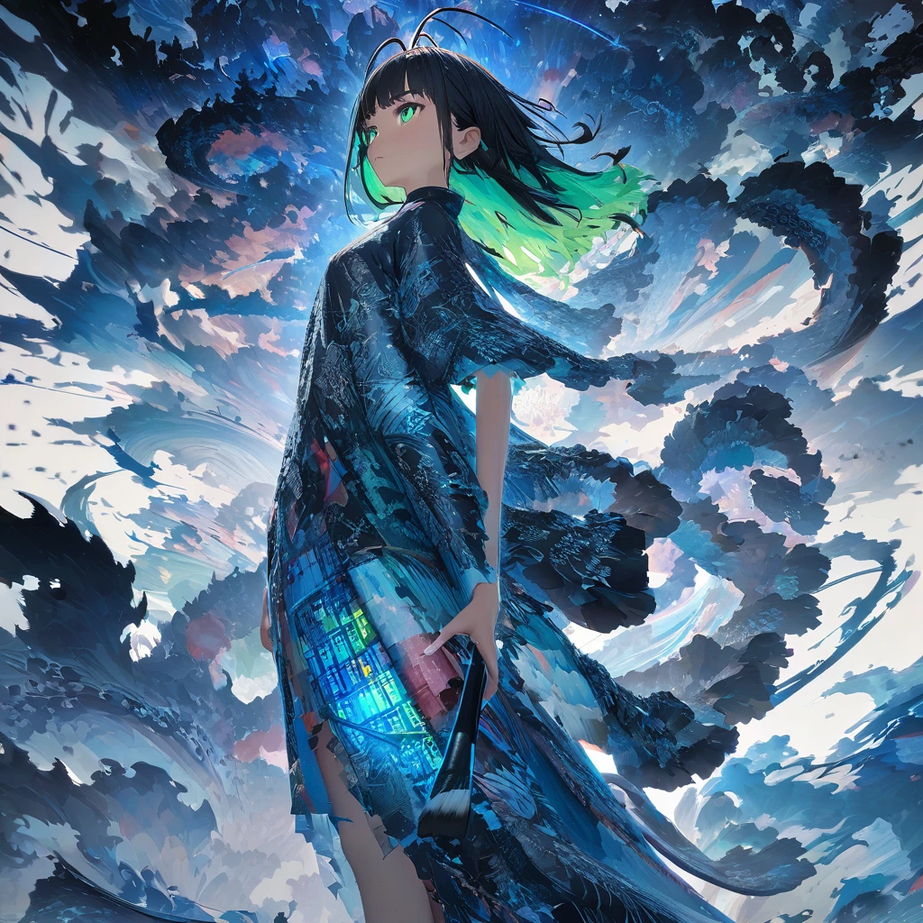 (simple anime, style, octane-render):1.33, (monochrome color:blue-theme, calligraphy art, Indian ink brush painting, aesthetic art:1.2), multi-exposure prism, strobe ripple effect, BREAK, 1girl, (detailed green eyes, jet-black hair,colored inner green hair, split color:)1.21, antenna hair,Ebru marbling, batik, and fractal-inspired fabric dress. #dress, #ebru, #batik, #fractal, #fashion, #art, #design, #kawaii, #anime, #manga, #fanart A long, flowing dress made of fabric with a unique and eye-catching pattern. The pattern is a combination of ebru marbling, batik, and fractals. The ebru marbling creates a swirling, organic pattern, while the batik adds a touch of color and contrast. The fractals create a sense of depth and complexity. floating hair, graphite, partially colored, spot color, (flip the whole horizontally,blue image:1.3), (Monochromatic colors:1.4),
BREAK,(additional Background), (detailed calligraphy art:1.1),
(marbled gray color cloud:1.3),(2raging dragons of east pacific:1.3).
Break,
see stratosphere from below, Entering the atmosphere , serious, grumpy, side view, whole body shot, (jet-black hair, colored inner green hair, split-color hair):1.21, antenna hair, include colorful binary code, calligraphy patterns, penmanship, visual poetry, cultural expression, decorative writing. of her form molded from clear, luminous glitches, beautiful scripts cascading in symmetrical patterns, housing a multitude of artistic lettering tech,